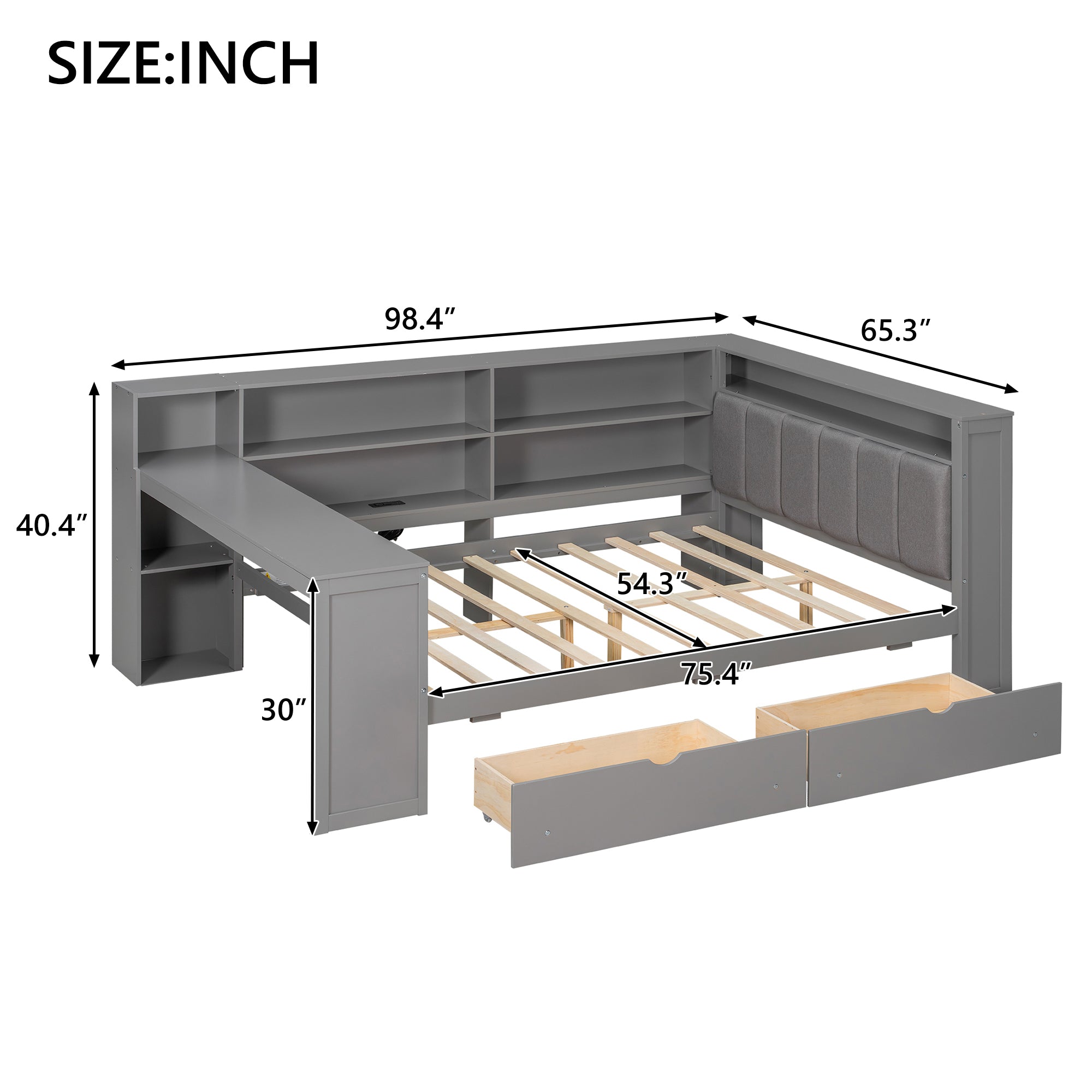 Wood Full Size Platform Bed with Storage Shelves and Charging Station