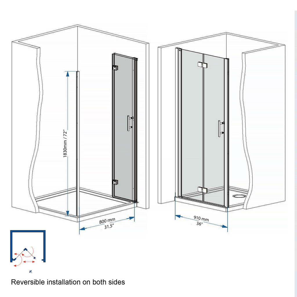 36"x72" Bifold Shower Door, 1/4" Tempered Glass, Matte