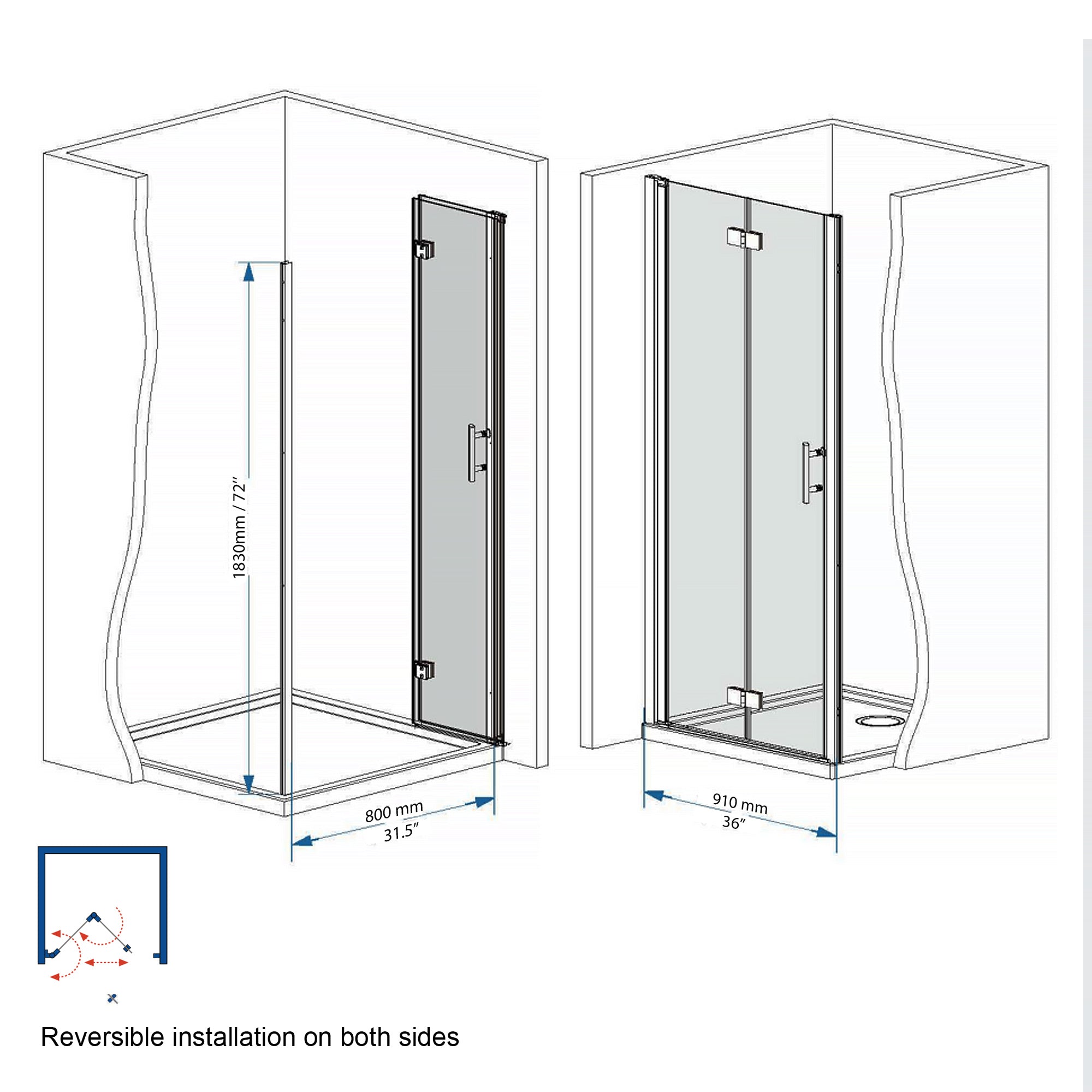 36"x72" Bifold Shower Door, 1/4" Tempered Glass, Matte