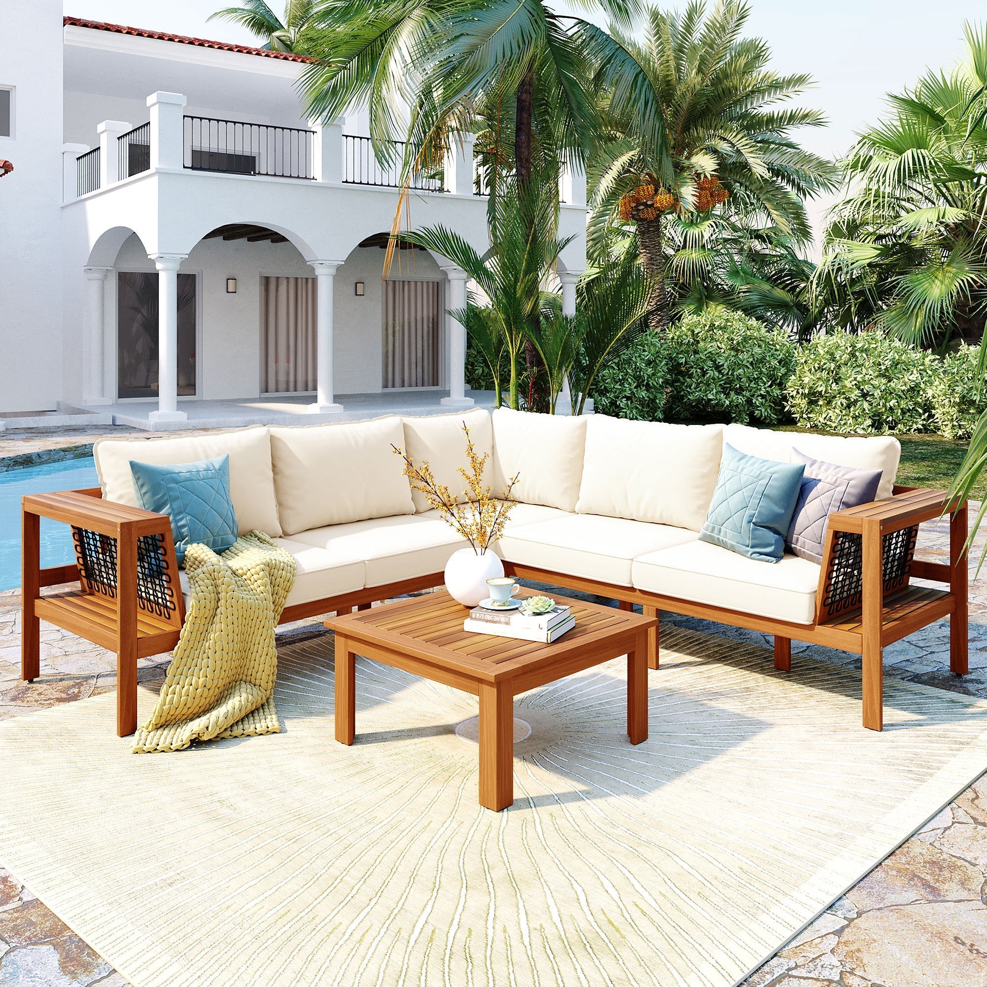 GO 4 Pieces Outdoor Acacia Wood Sofa Set with Coffee Table