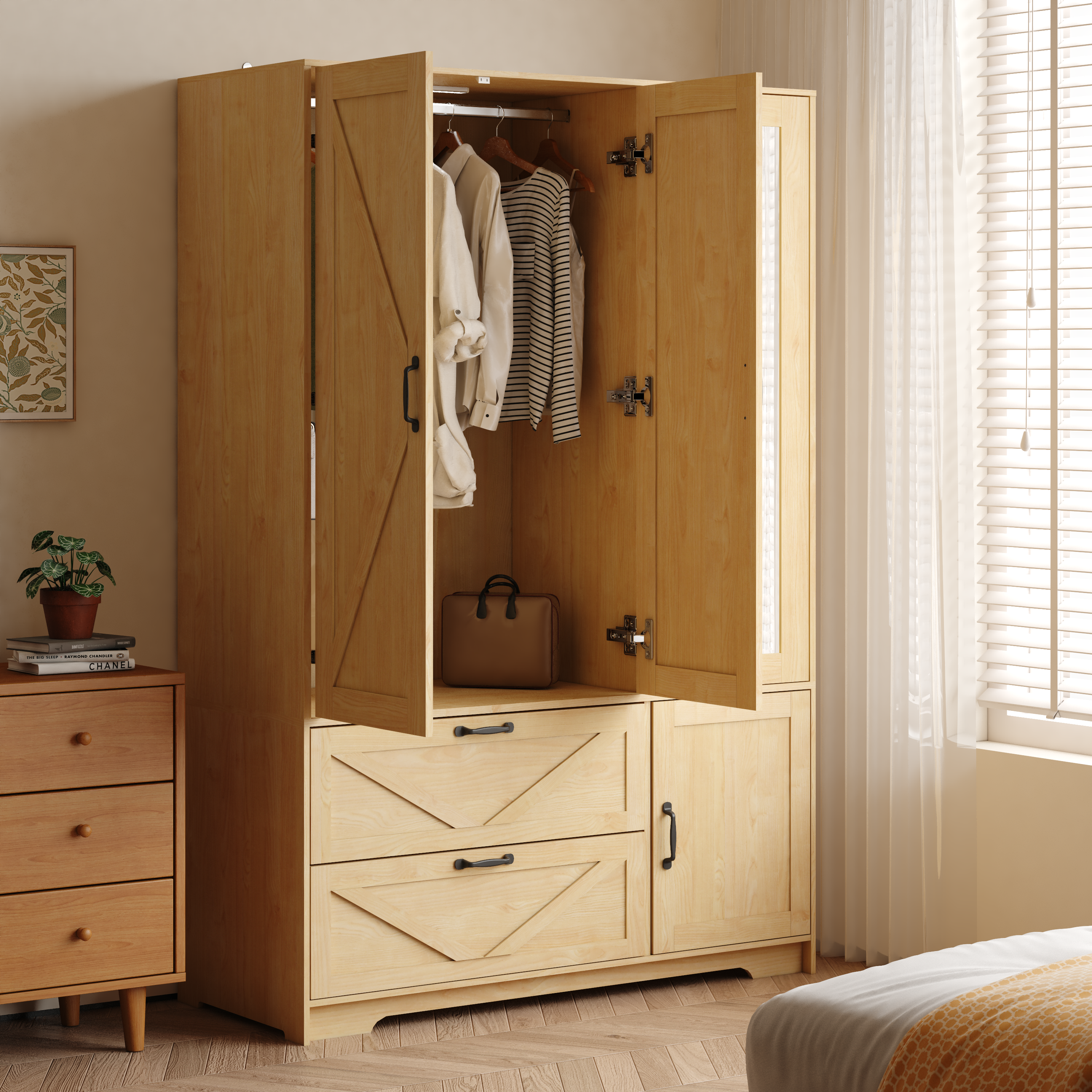 4 Doors Wardrobe Closet with Mirror, LED Wardrobe with Doors