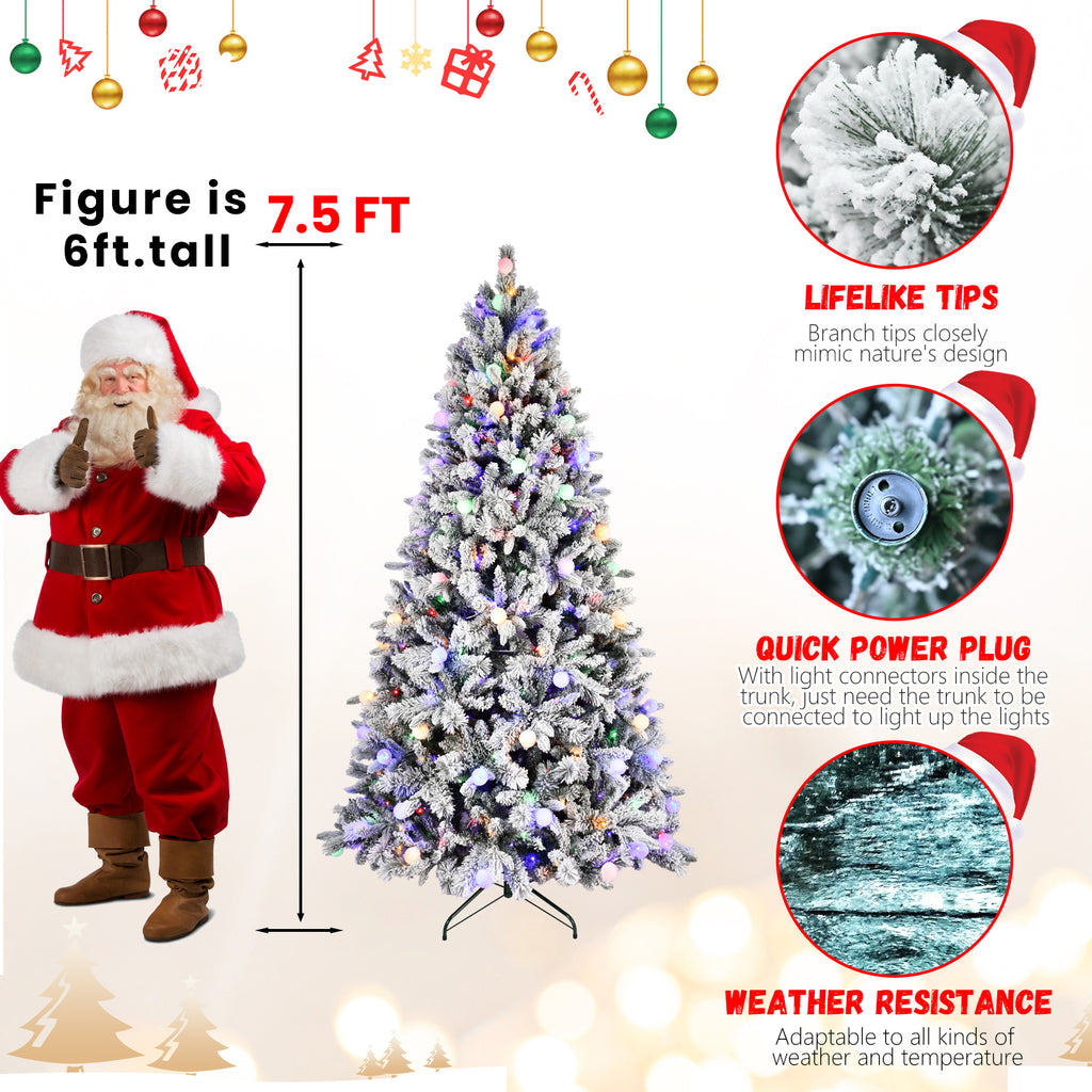 8ft Flocked Christmas Tree with 470L Colorful LED Lights