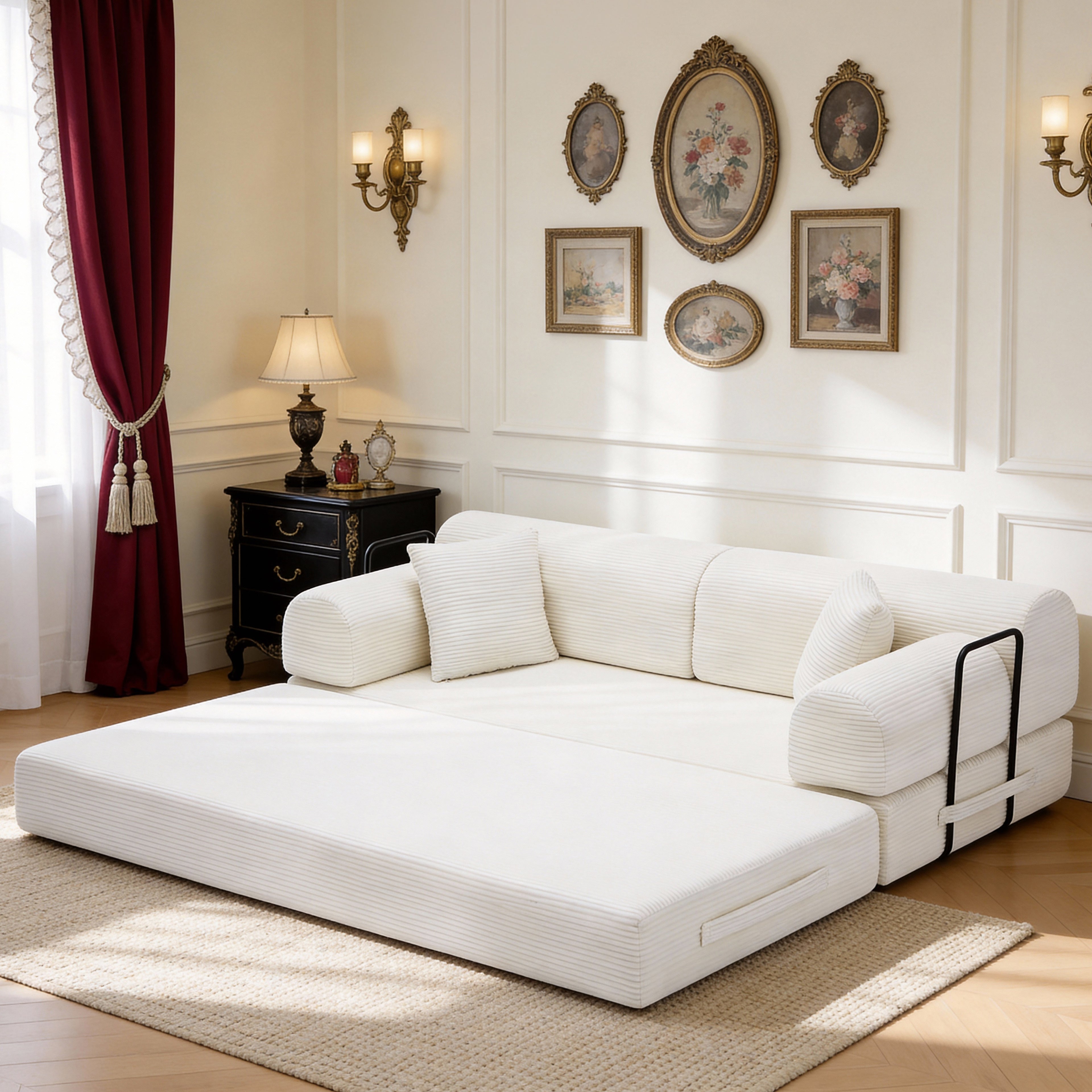Convertible Sleeper Sofa Bed in Beige Corduroy