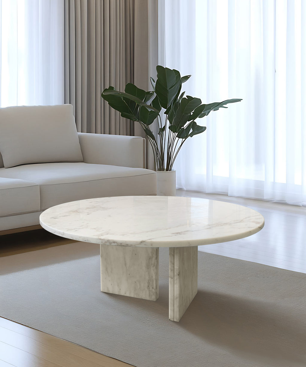 White Semi-Polished Marble Round Coffee Table