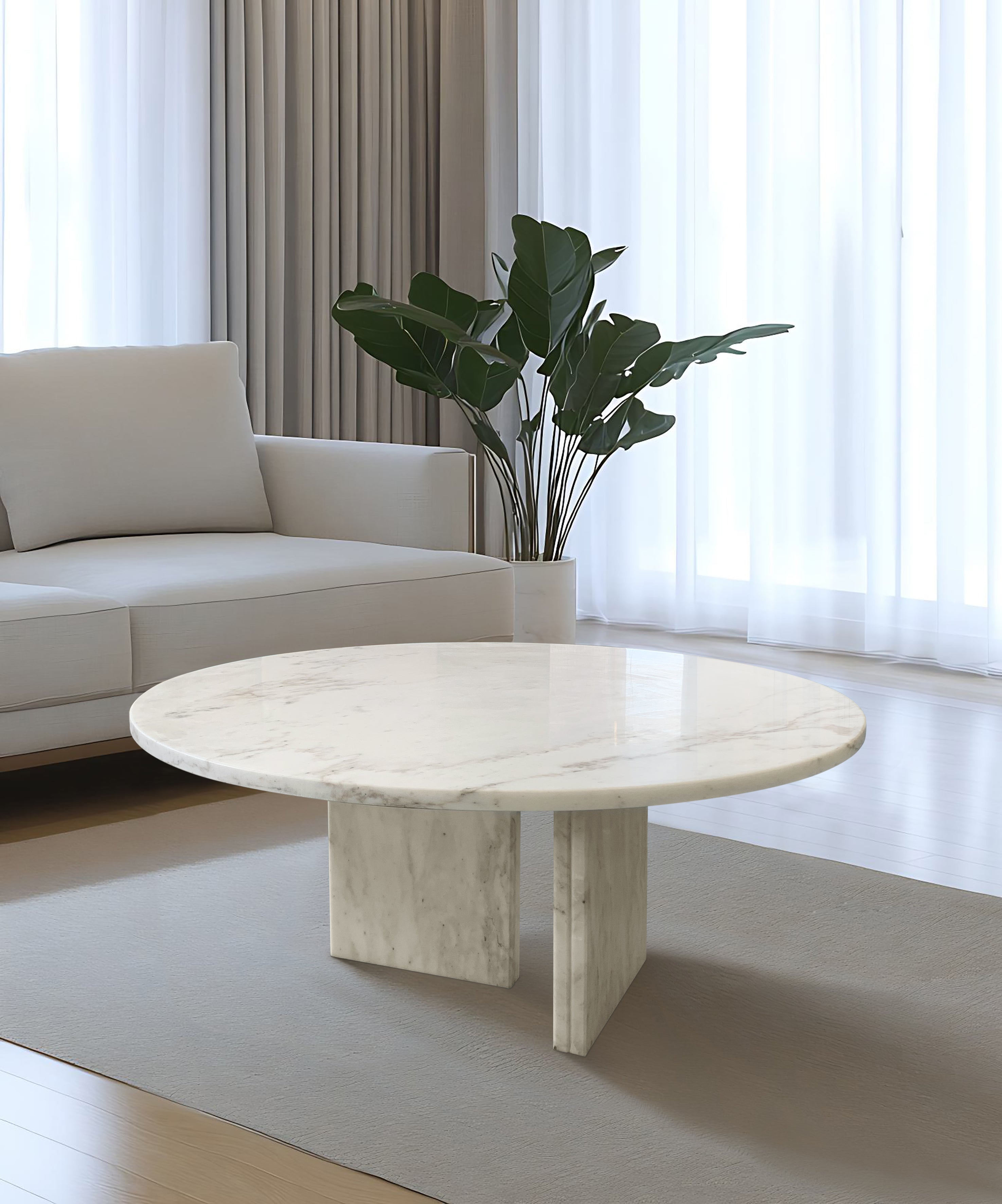 White Semi-Polished Marble Round Coffee Table