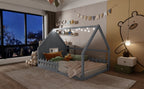Full Size Wood House Bed with Window and Fence
