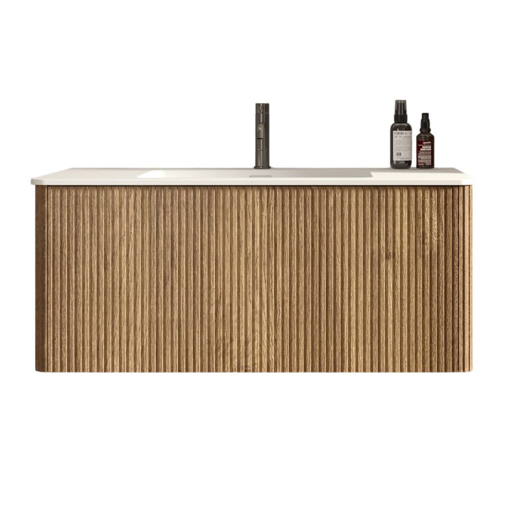 Etna 36-Inch Oak Striped Bathroom Vanity with White Solid Surface Sink
