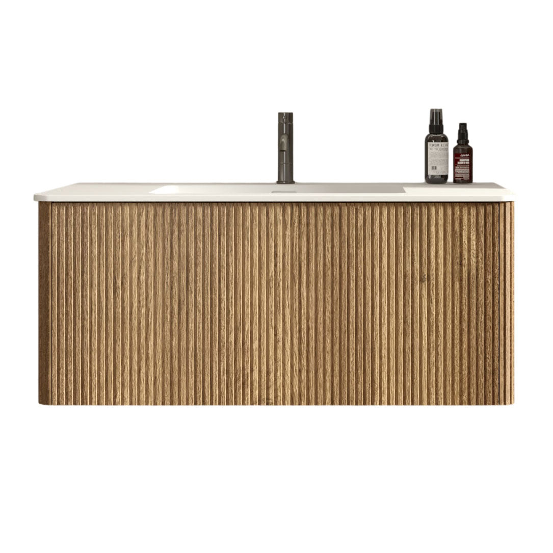 Etna 36-Inch Oak Striped Bathroom Vanity with White Solid Surface Sink