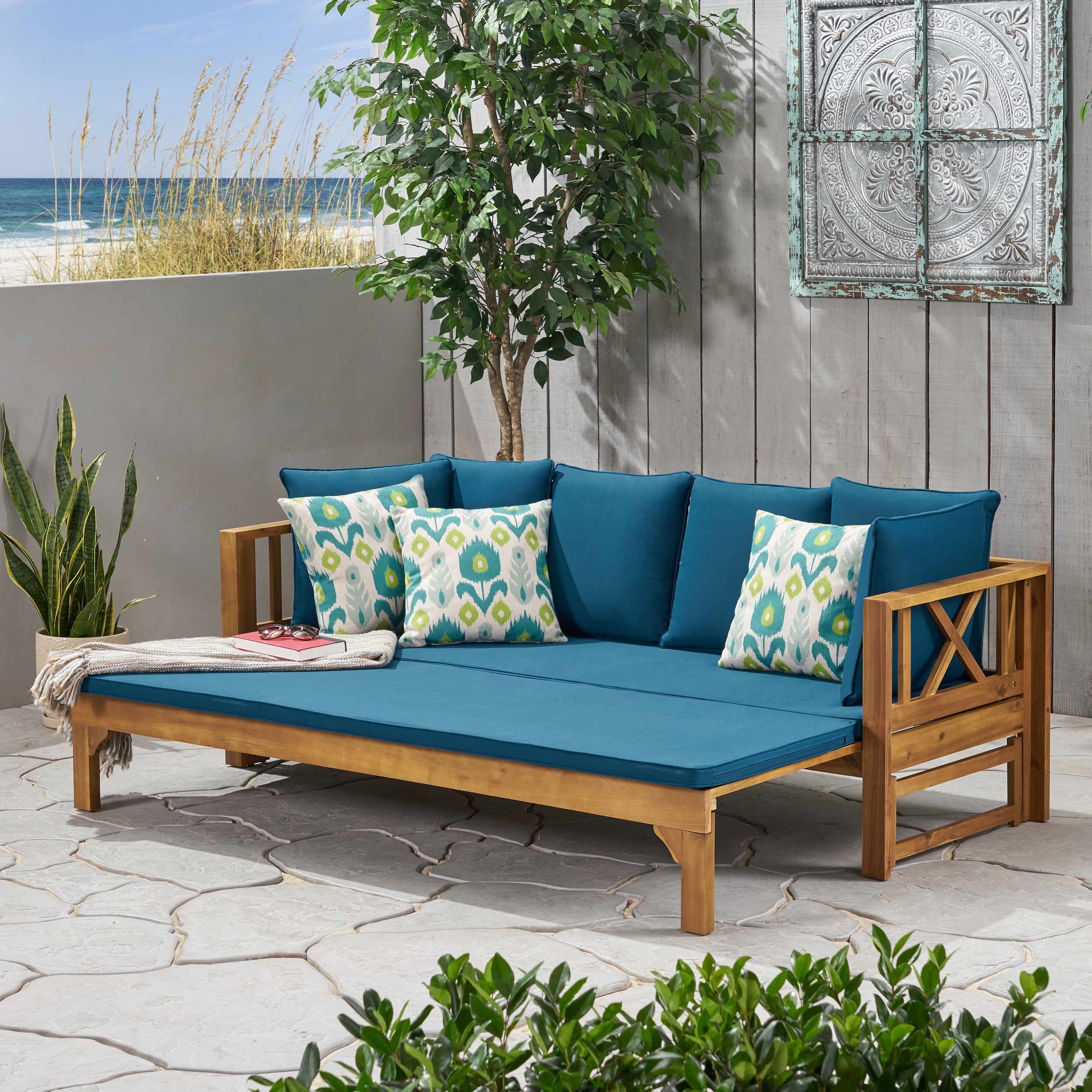 Outdoor Extendable Acacia Wood 3 Seater Sofa