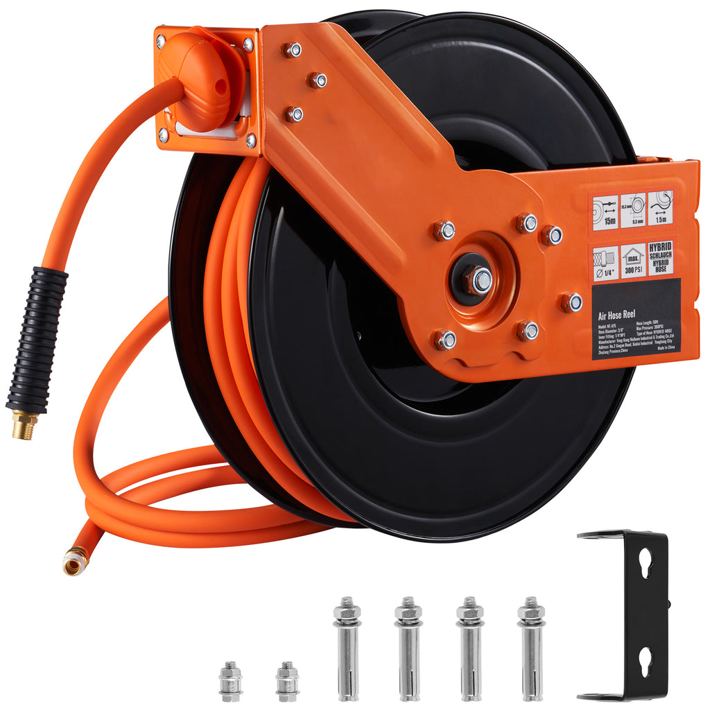 Retractable Air Hose Reel, 3/8 IN x 50 FT Hybrid Air Hose Max 300PSI