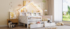 Wood Full Size House Platform Bed with LED, Storage Shelves, Drawers and Guardrail