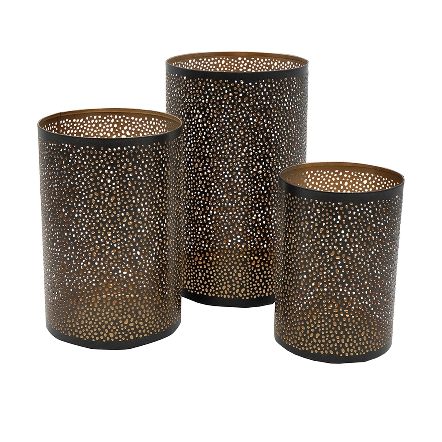 Set of 3 Pierced Metal Hurricanes in Black & Gold
