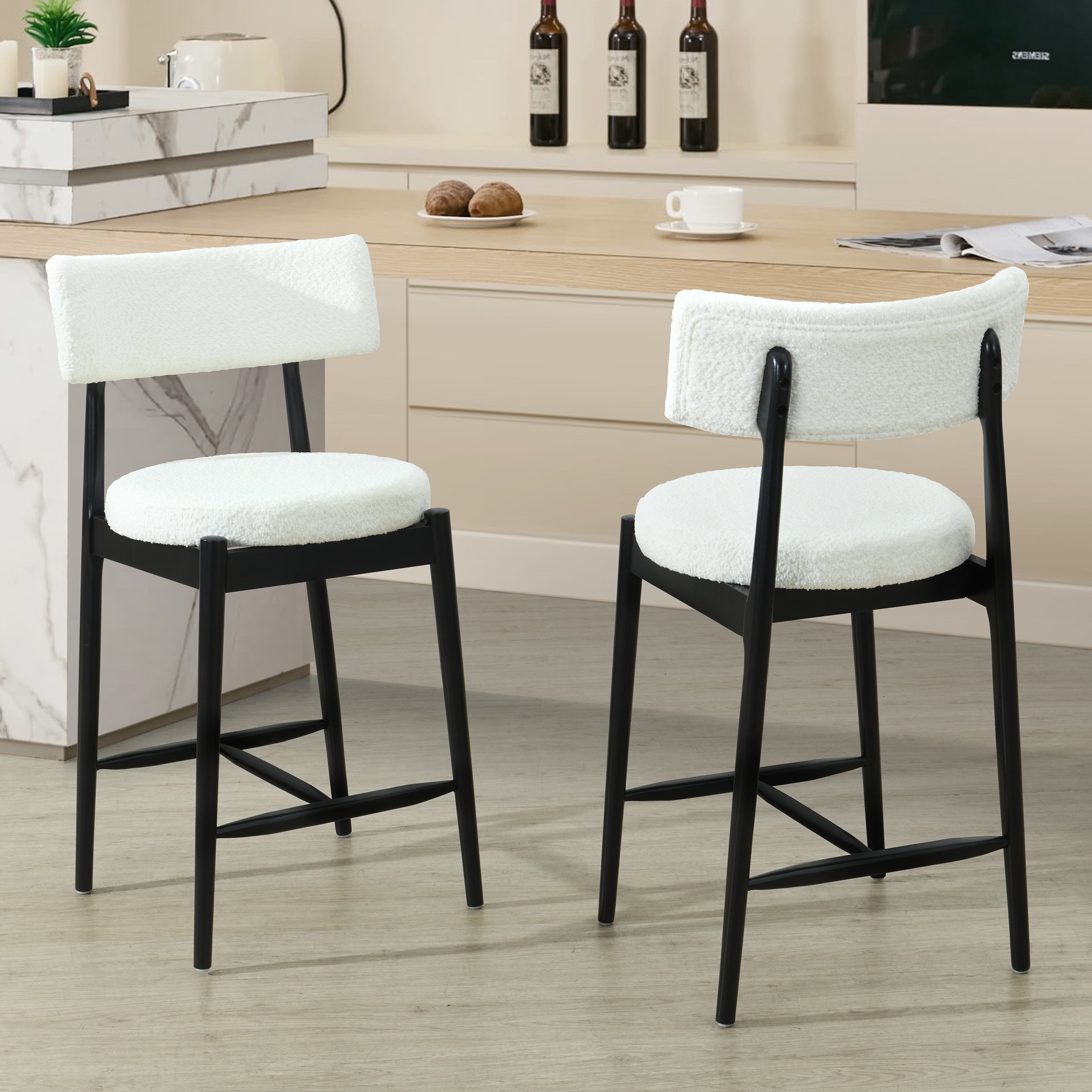 Mid Century Modern Counter Stool Set of 2 - Black & Beige