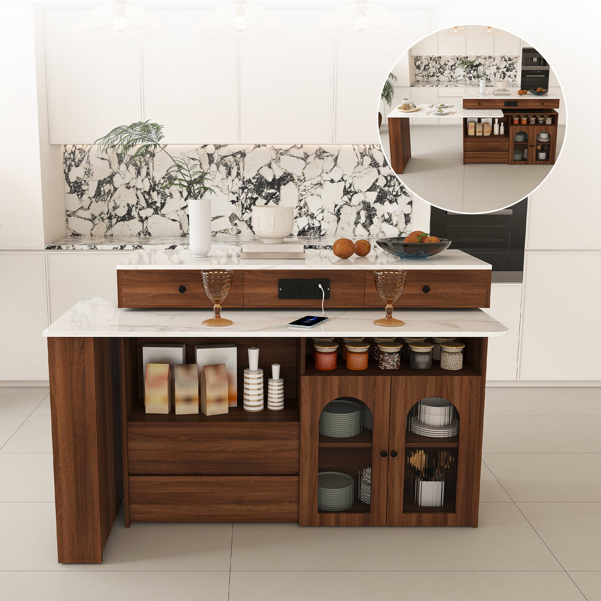 Kitchen Island with Extendable & Rotating Table