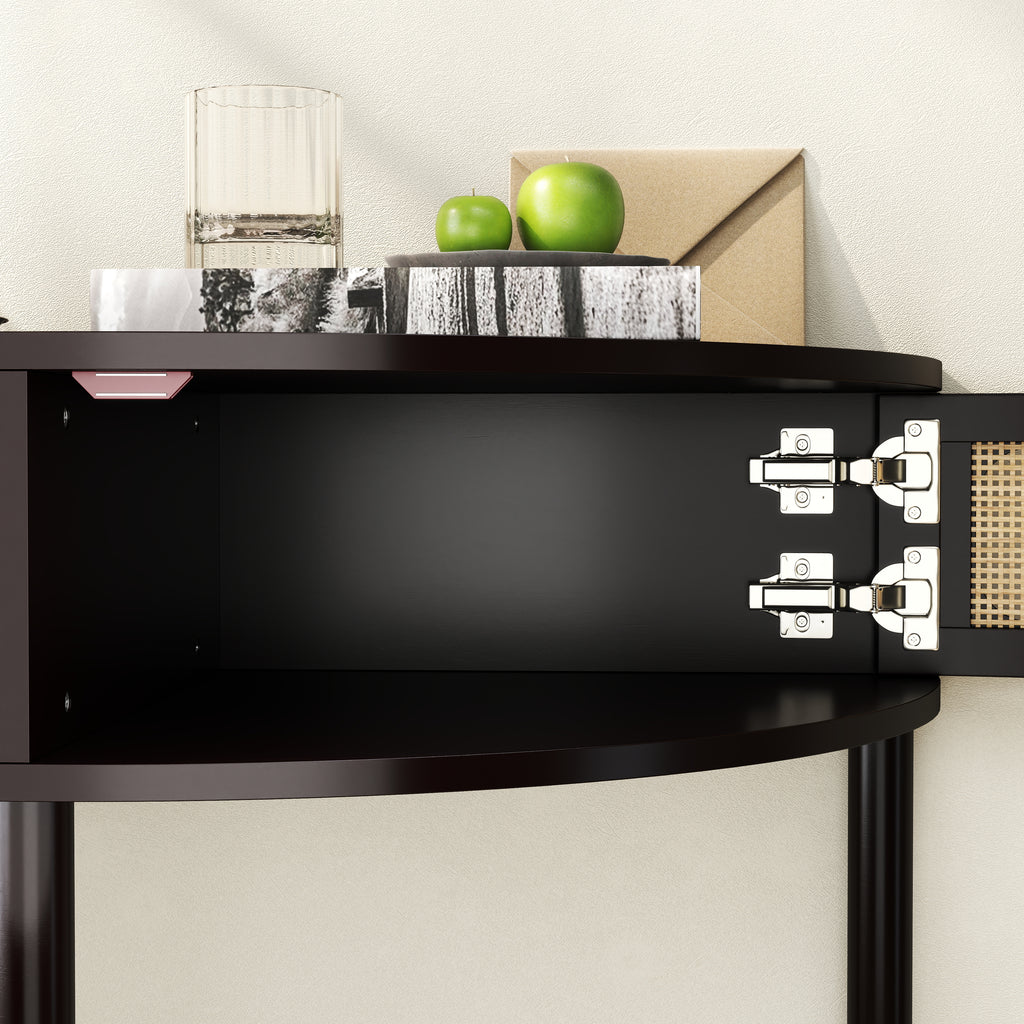 Unique Half Moon Design End Table with Sliding Rattan Door