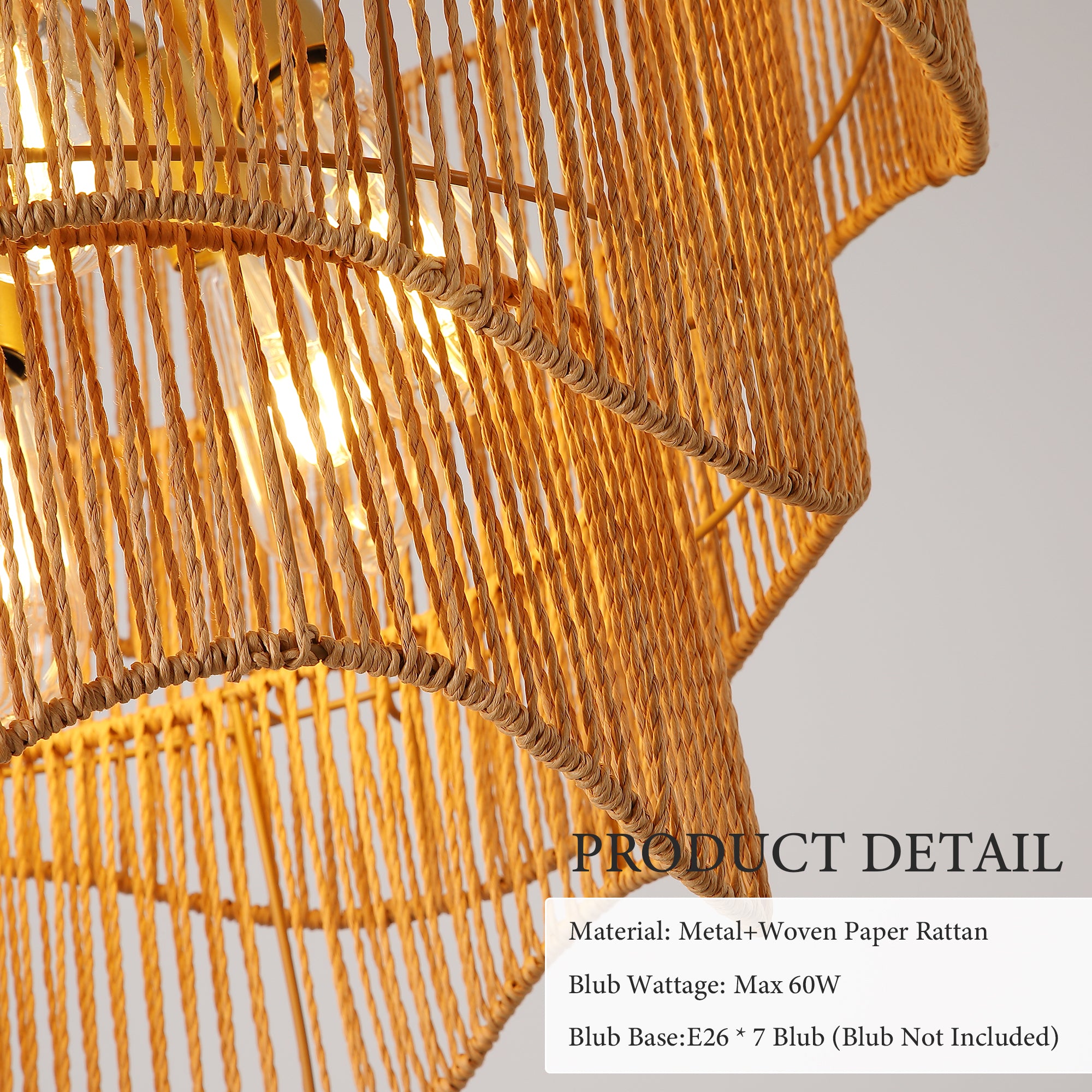 Handwoven Paper Rattan Boho Chandelier with Adjustable Height