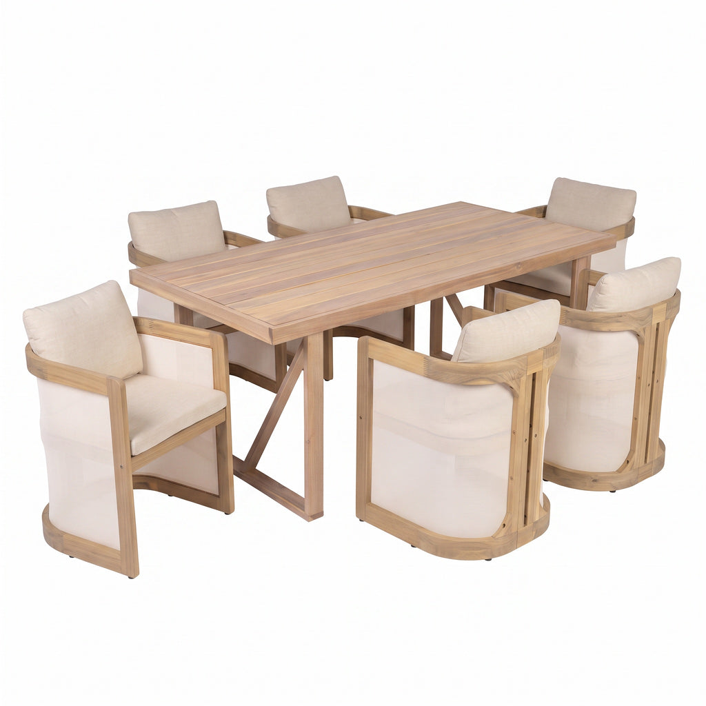 7-Piece Acacia Wood Patio Dining Set, 67-Inch Table with 6 Chairs, Light White and Natural