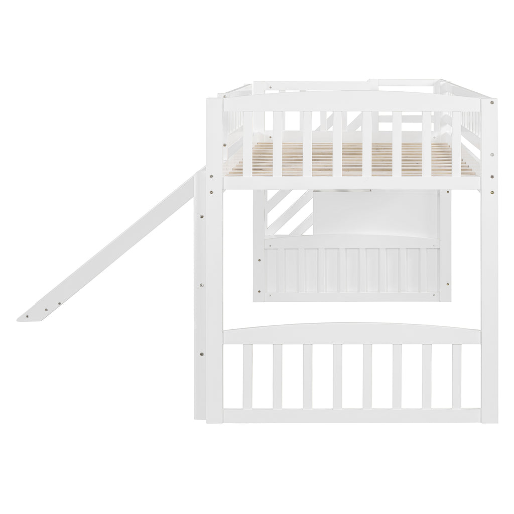 Stairway Twin Size Loft Bed with Two Drawers and Slide, White