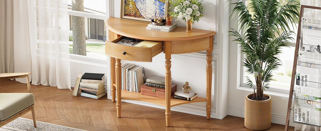 TREXM Farmhouse Half Moon Console Table with Drawer & Shelf - Rustic Accent Table