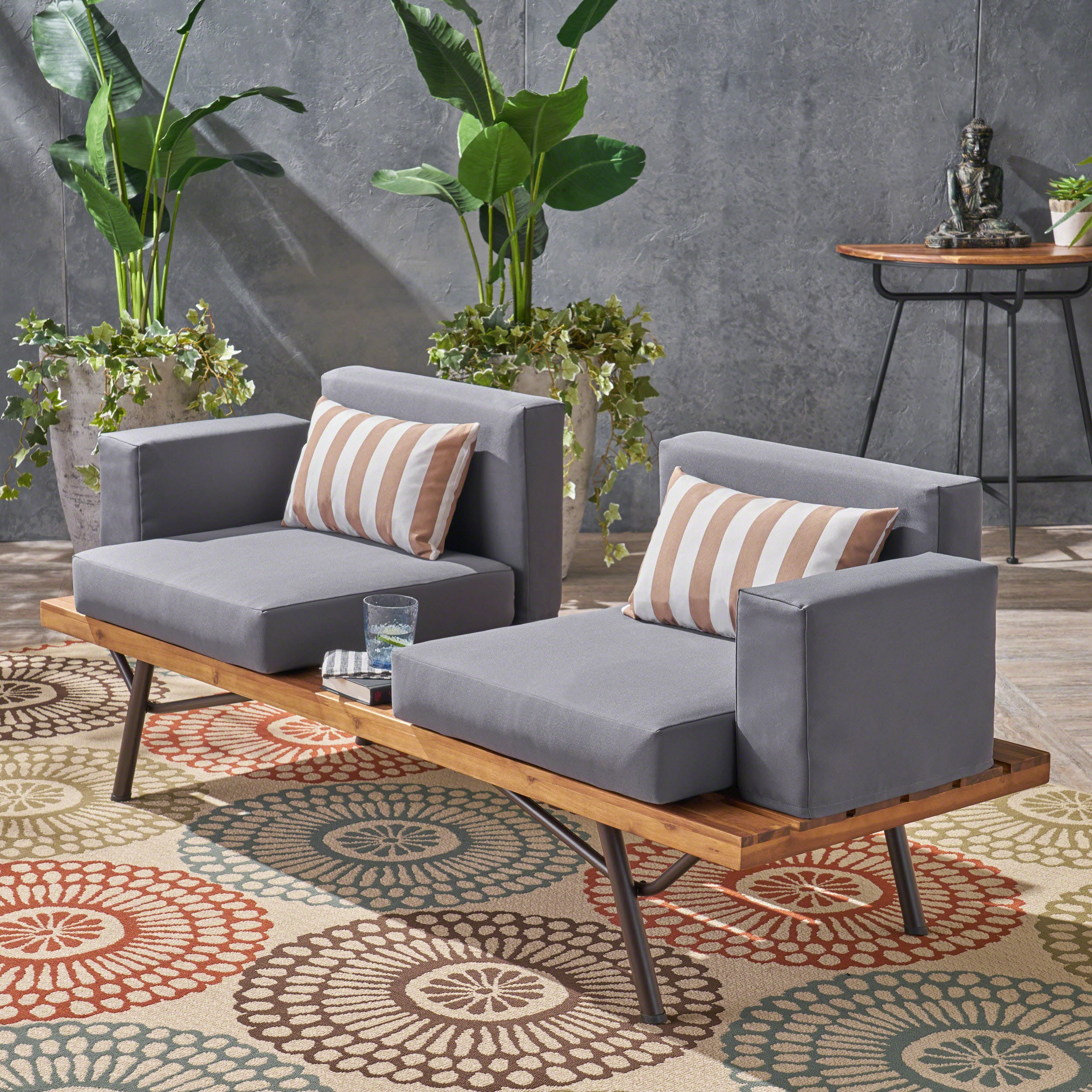 Outdoor Acacia Wood 2 Seater Sofa with Metal Legs