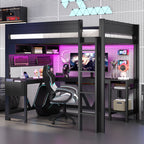 Wood Full Size Gaming Loft Bed with Desk, Storage Shelves, LED and Charging Station