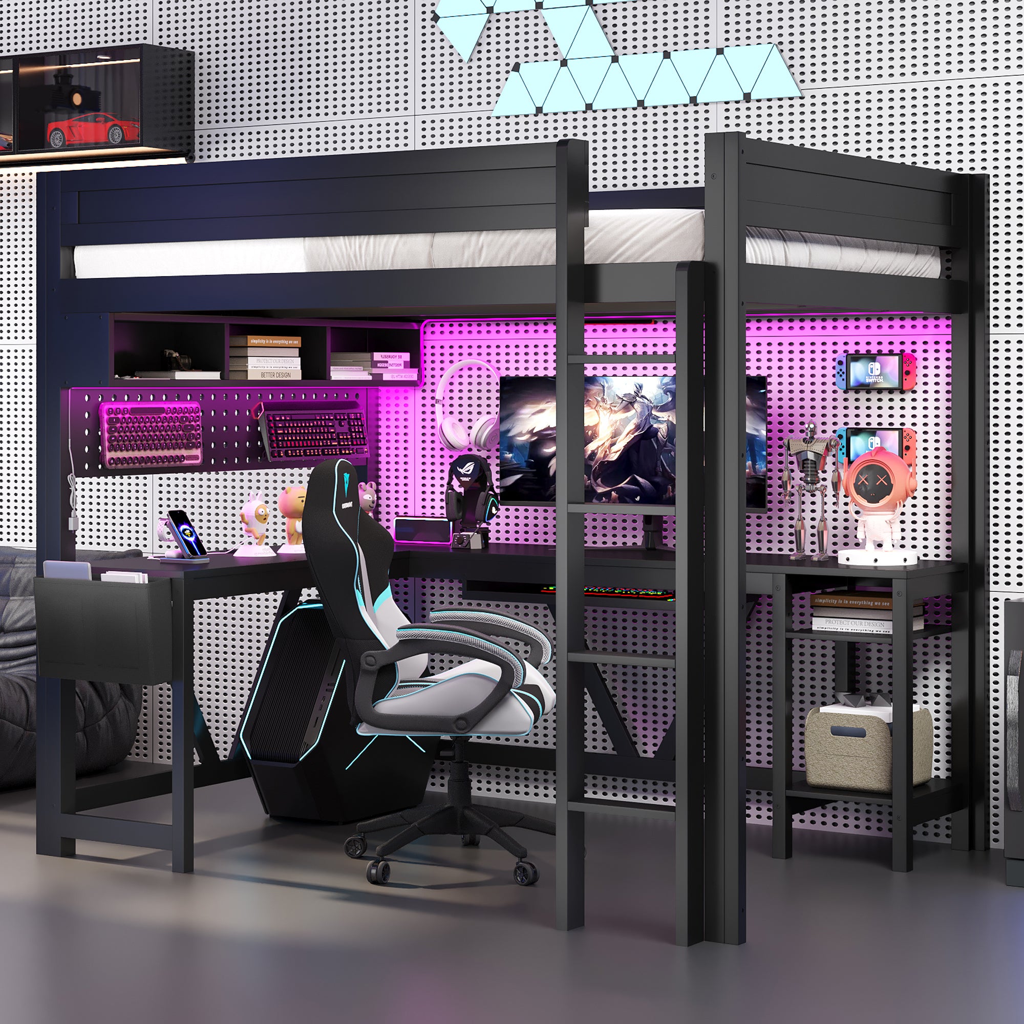Wood Full Size Gaming Loft Bed with Desk, Storage Shelves, LED and Charging Station