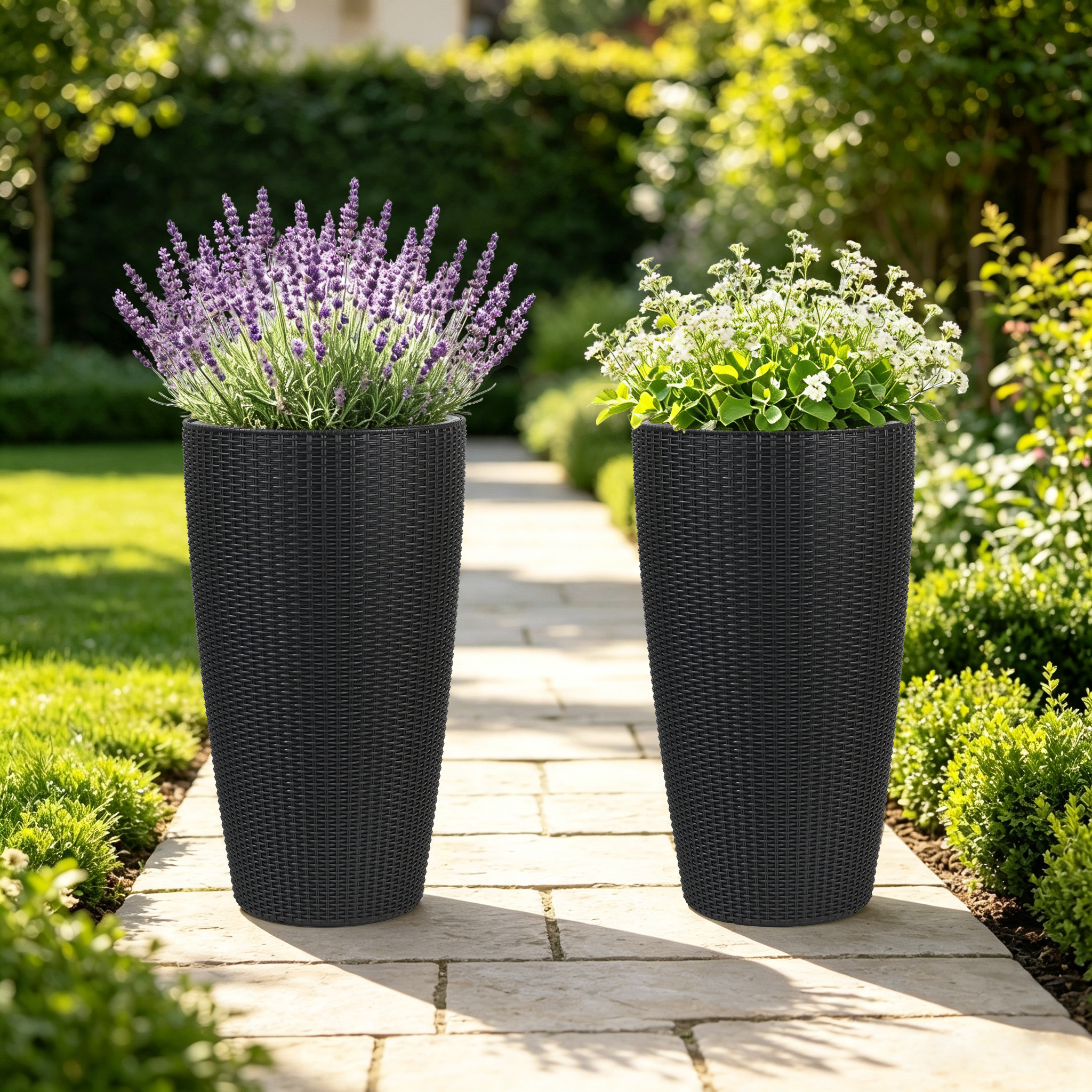 Set of 2 Faux Rattan Tall Planters