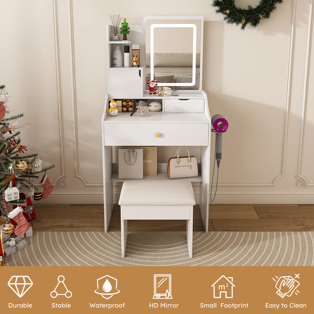 3-Color LED Vanity Mirror with Stool, Dressing Table for Bedroom