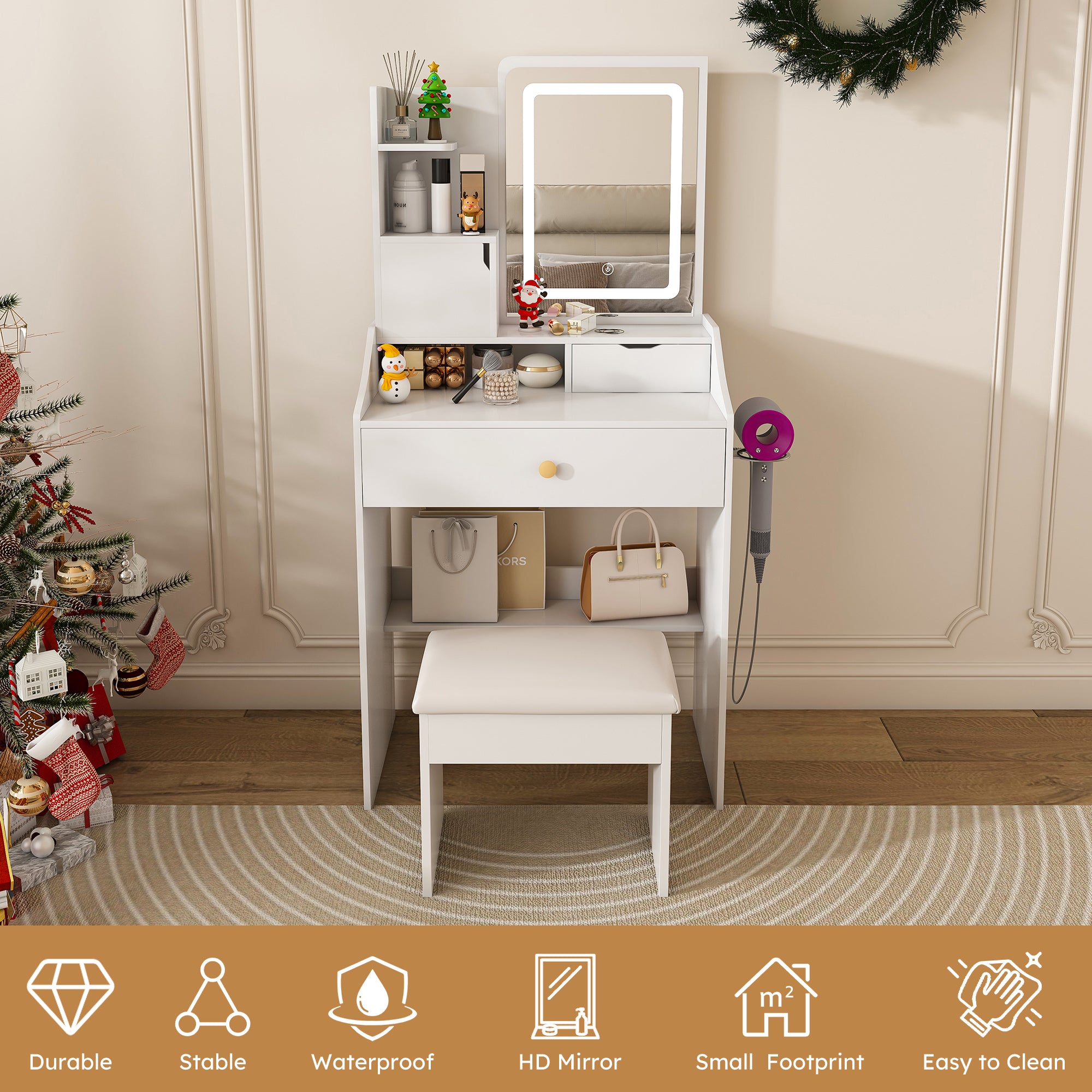 3-Color LED Vanity Mirror with Stool, Dressing Table for Bedroom