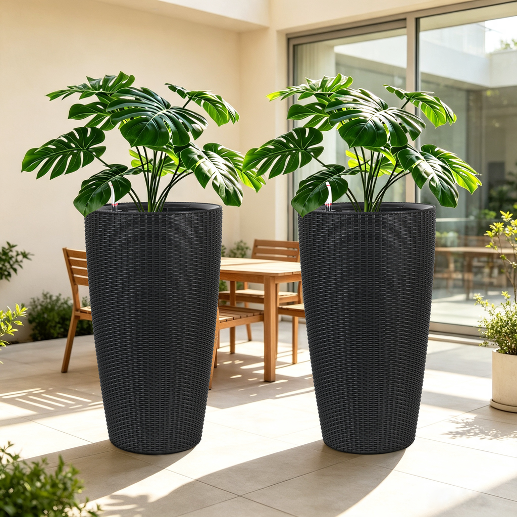Set of 2 Faux Rattan Tall Planters