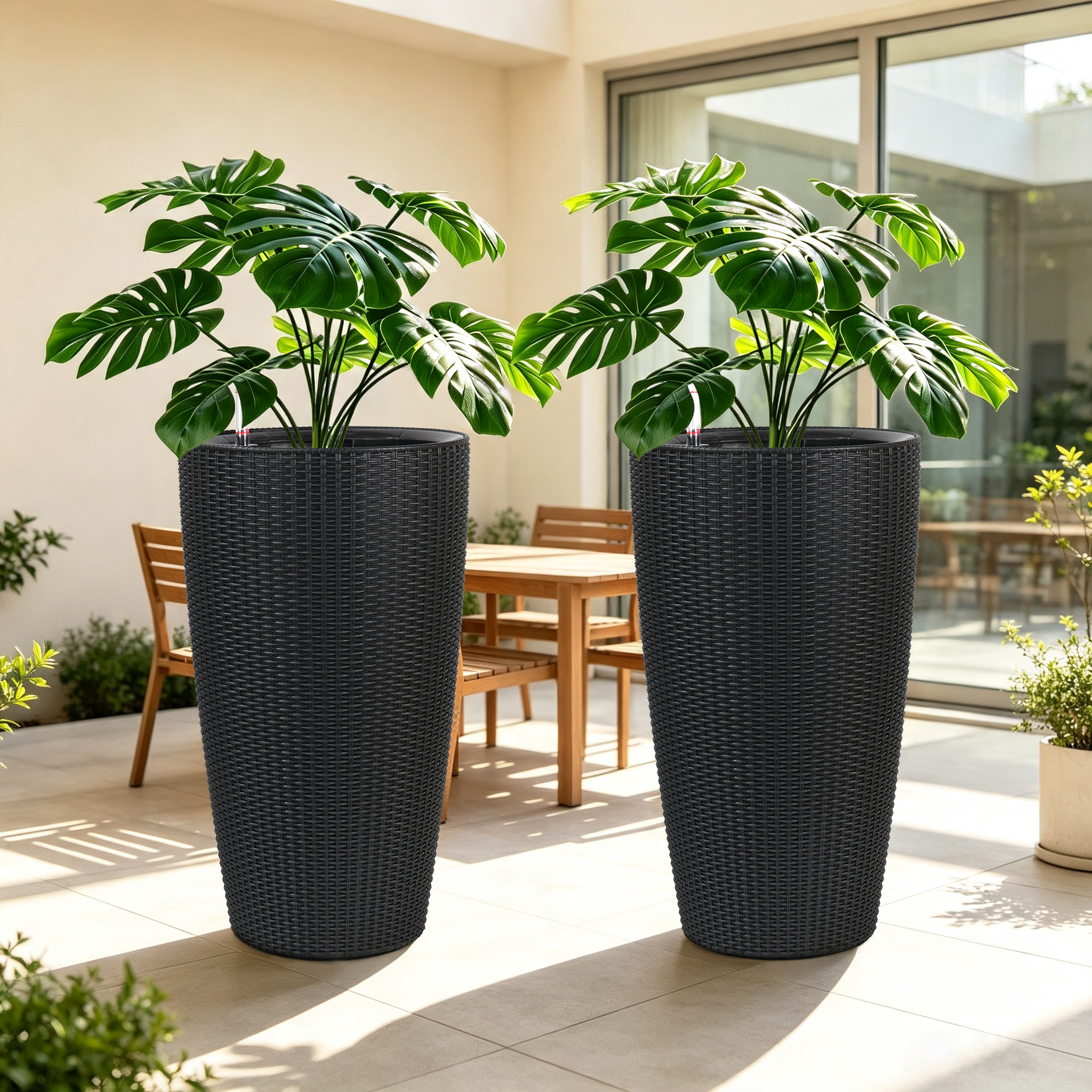 Set of 2 Faux Rattan Tall Planters