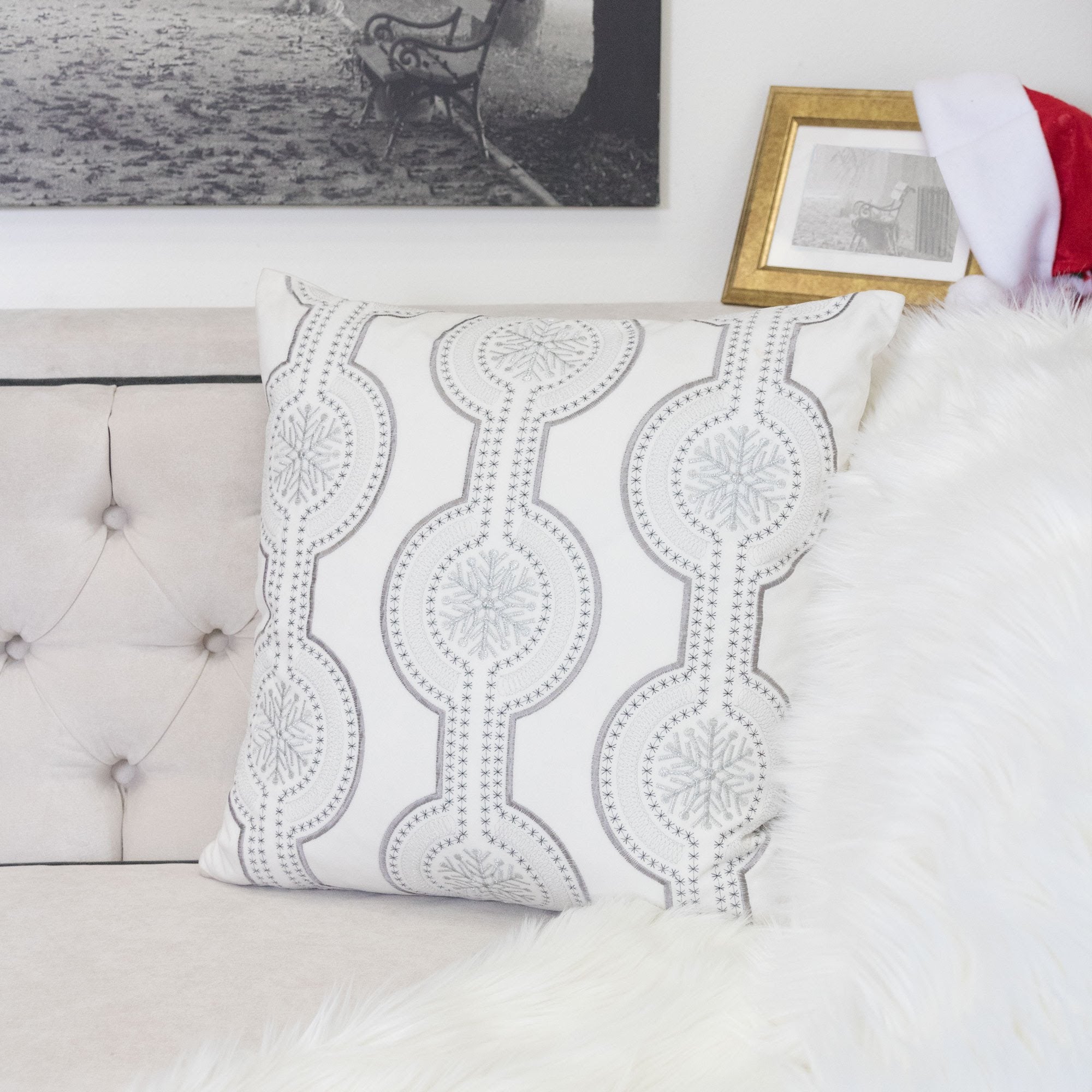 White Holiday Embroidered Velvet Throw Pillow with Insert 20x20 Set of 2