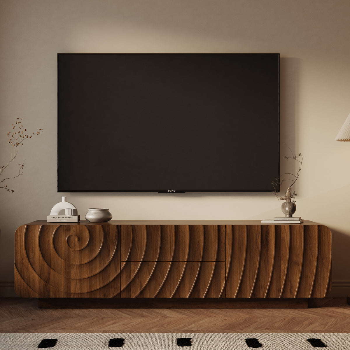 58''Tv Console With Mid Century Unique Spiral Wave Design With Storage Cabinet And 2 Drawers Tv Stand For Living Room, Bedroom