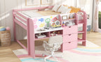 Full Size Low Loft Bed with Built-in Desk, Storage Cabinets and Open Bookcase