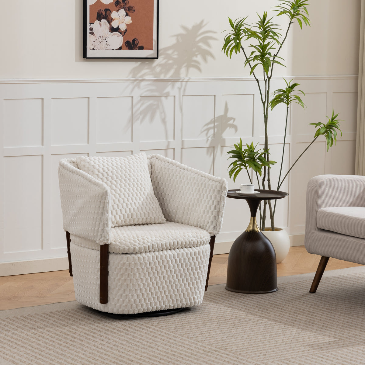 Mid Century Modern Accent Chair, Antique White Corduroy with 360° Swivel