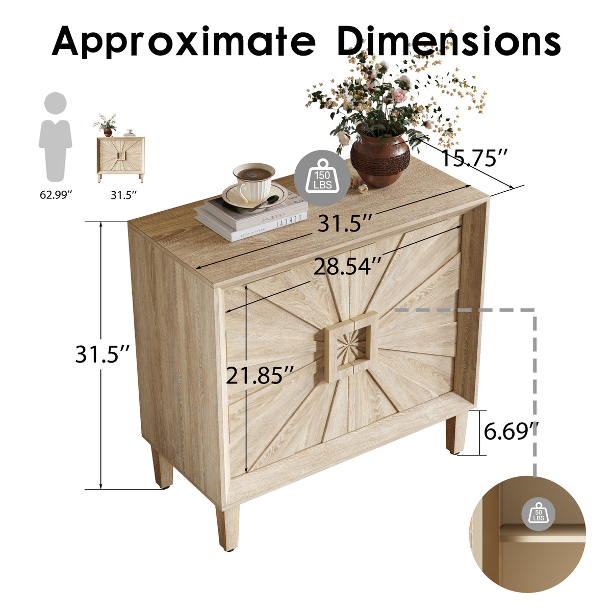 Mid-Century Modern Credenza Sideboard, 31.5-Inch, Antique Natural
