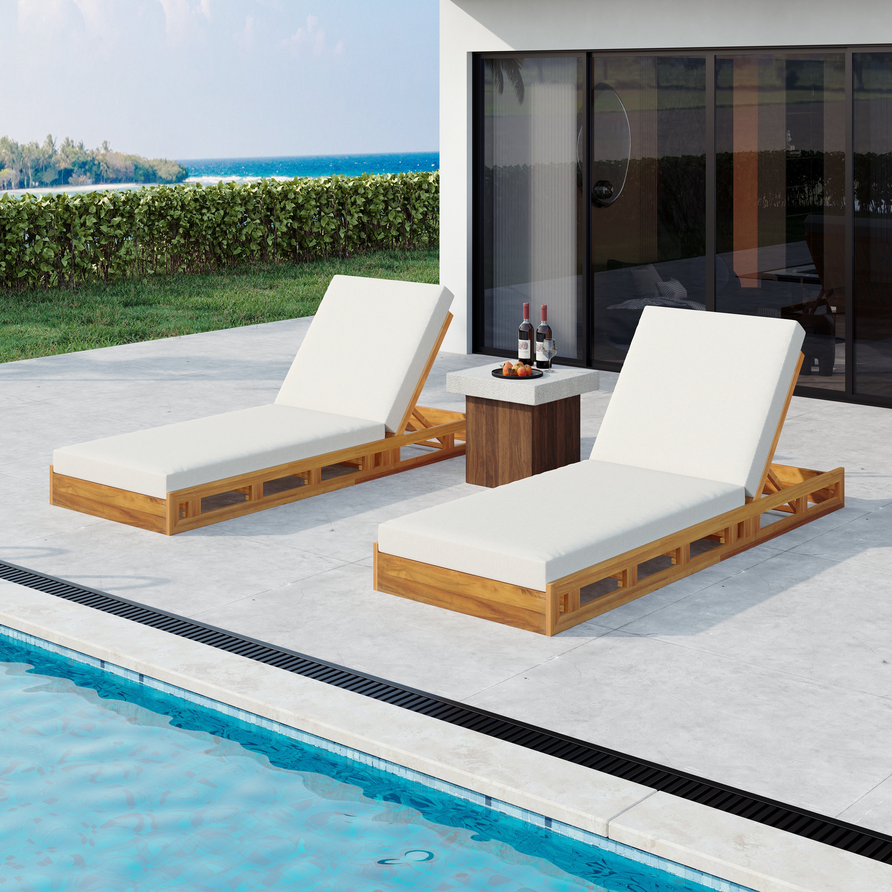 Lounge Chaise Set - Acacia Wood with Water-Resistant Cushions