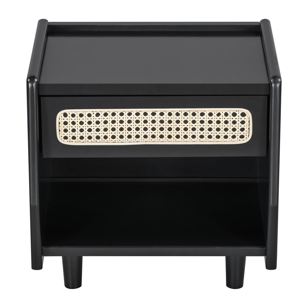 Black Nightstand with Rattan Detail