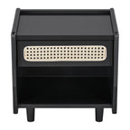 Black Nightstand with Rattan Detail