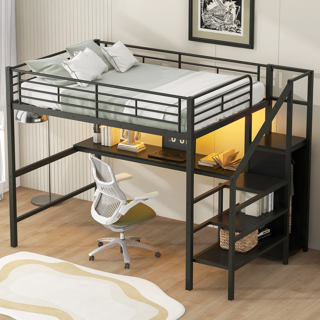Full Size Metal Loft Bed with Desk, Storage Staircase, Small Wardrobe and LED Light