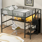 Full Size Metal Loft Bed with Desk, Storage Staircase, Small Wardrobe and LED Light