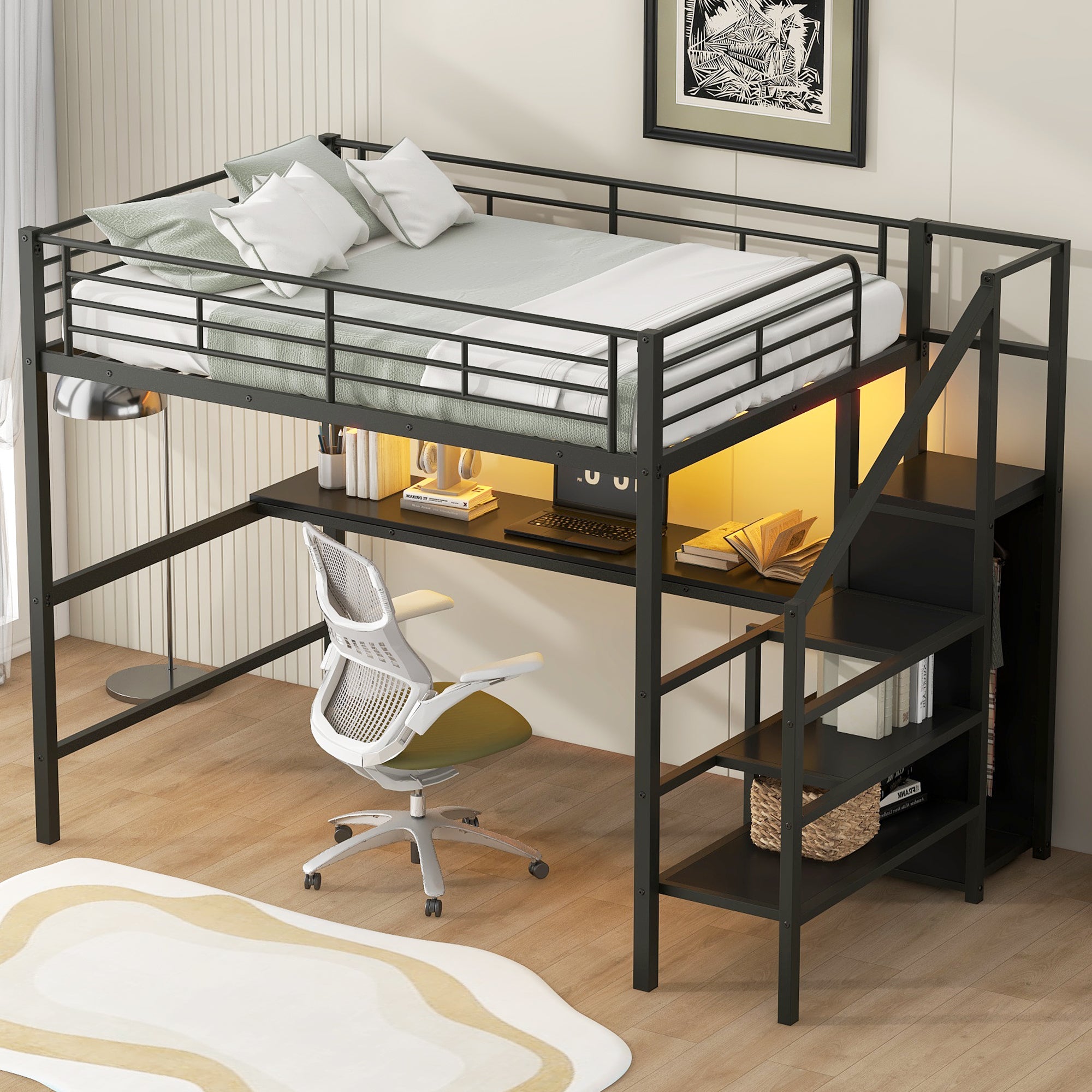 Full Size Metal Loft Bed with Desk, Storage Staircase, Small Wardrobe and LED Light