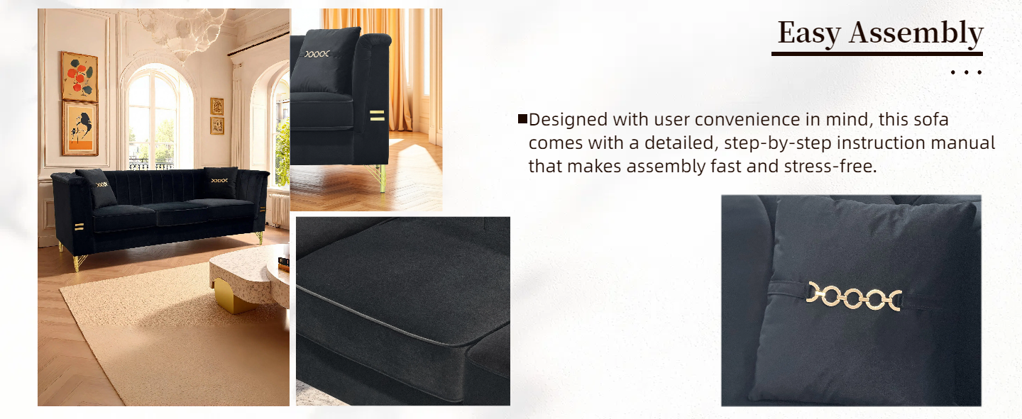 FX-P82-BK2 Modern Velvet 3-Seater Sofa