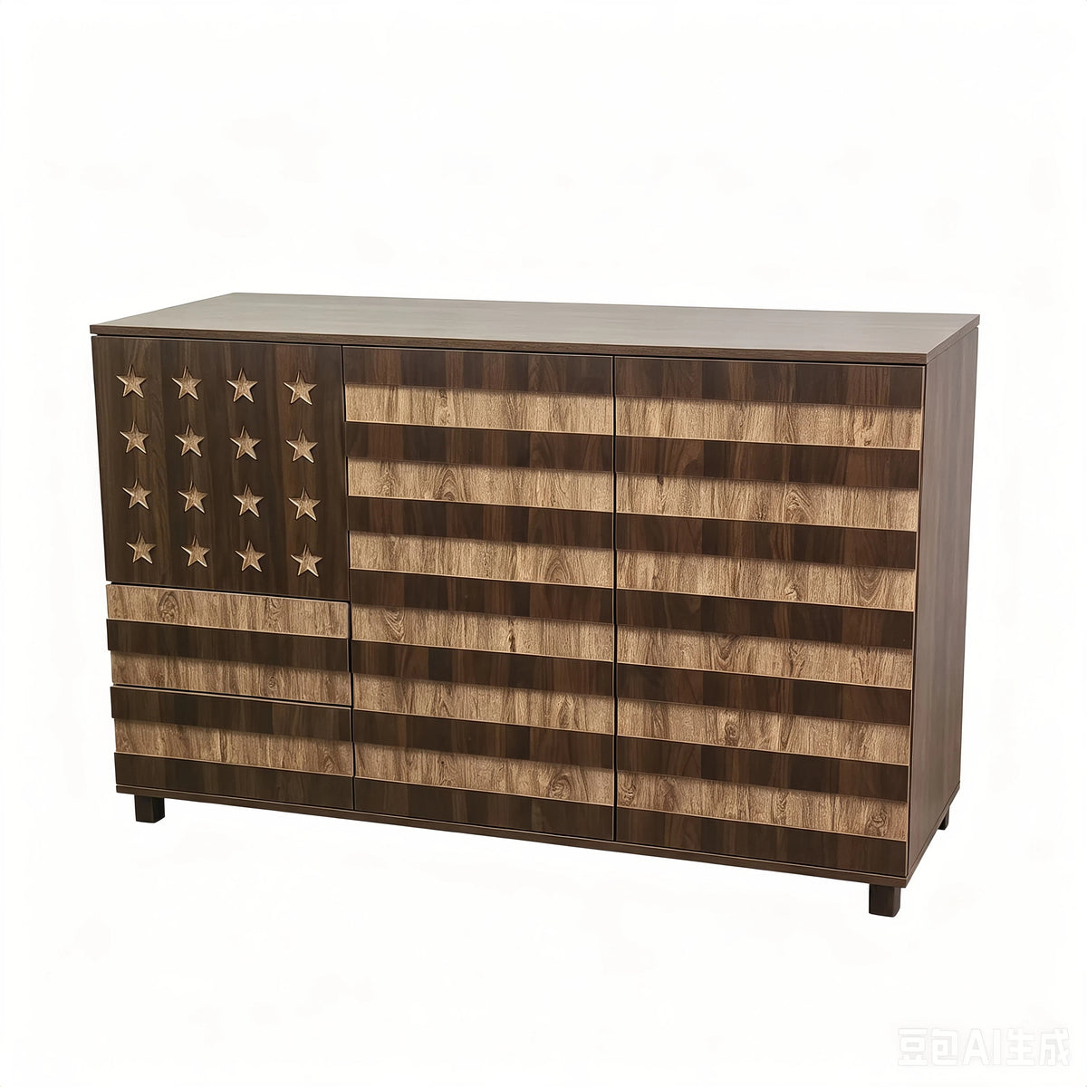 55-Inch Two-Tone Wood Sideboard Buffet Cabinet, Star-Cutout Design, Natural Walnut