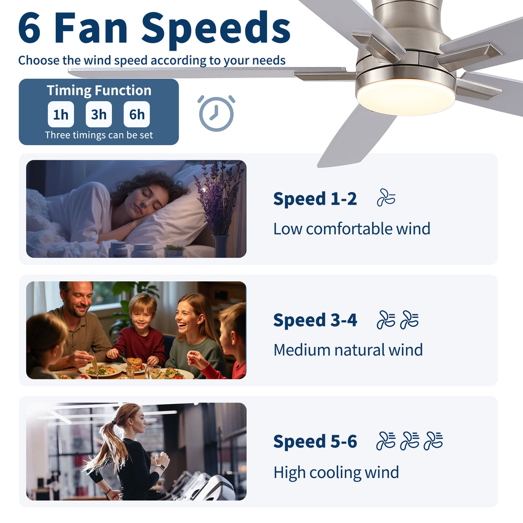 52" Modern Brushed Nickel Flush Mount Ceiling Fan with Light