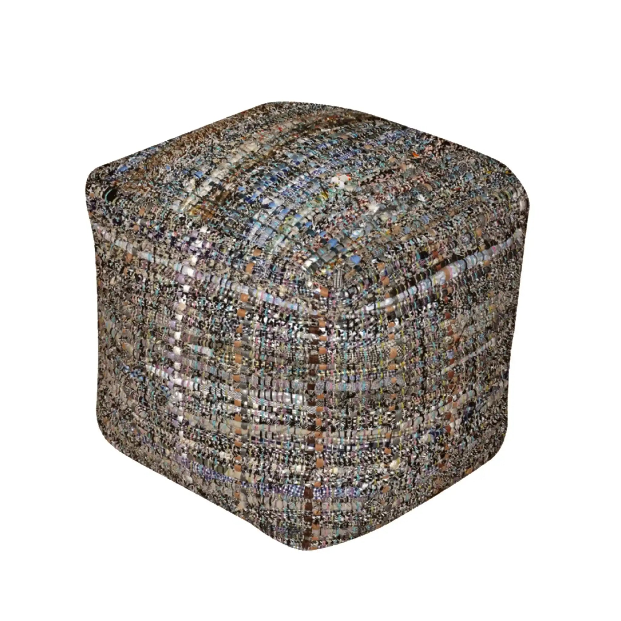 Koki Handcrafted Accent Pouf Recycled Denim And Paper Chindi - Khaki