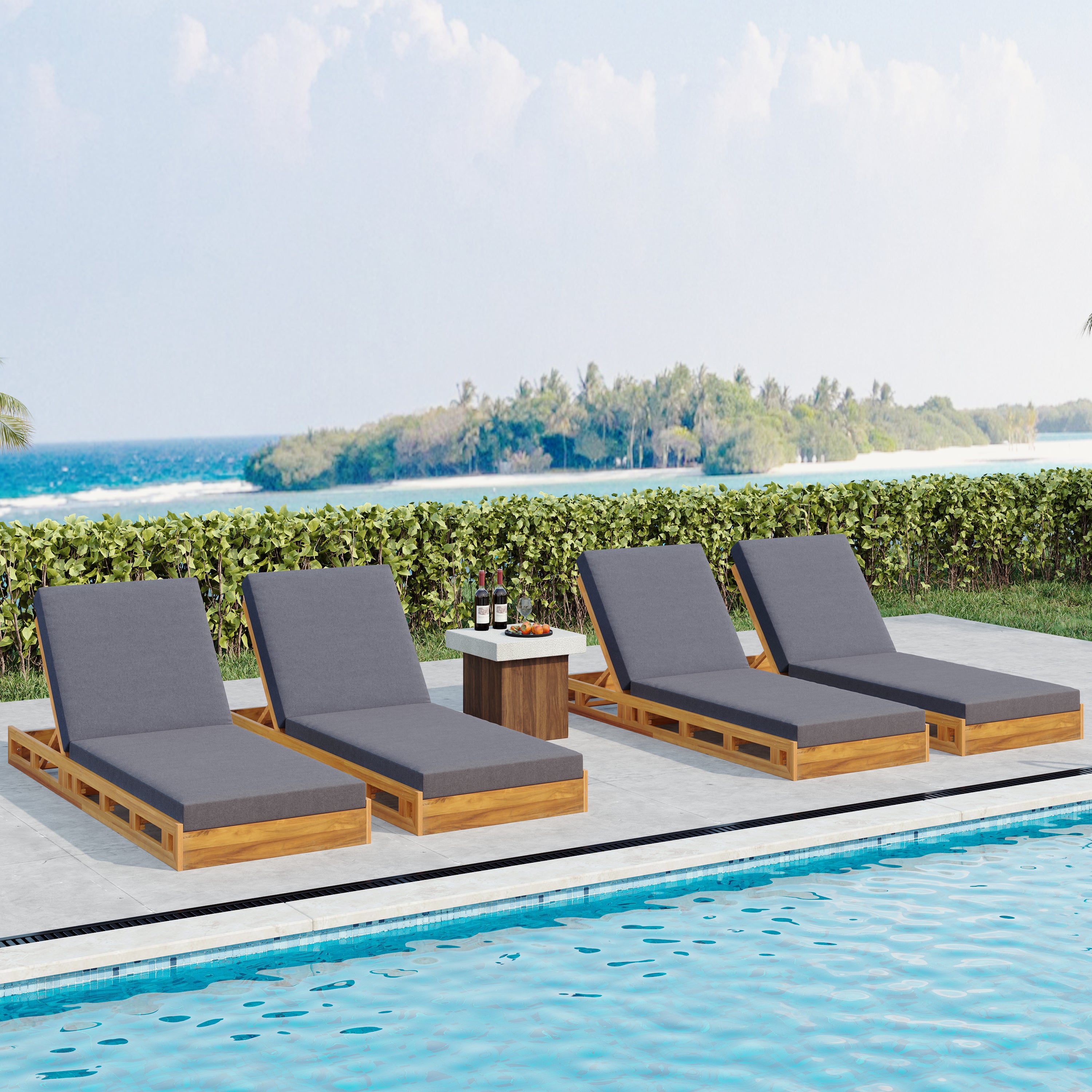 Lounge Chaise Set, Acacia Wood with Water-Resistant Lounge Cushions