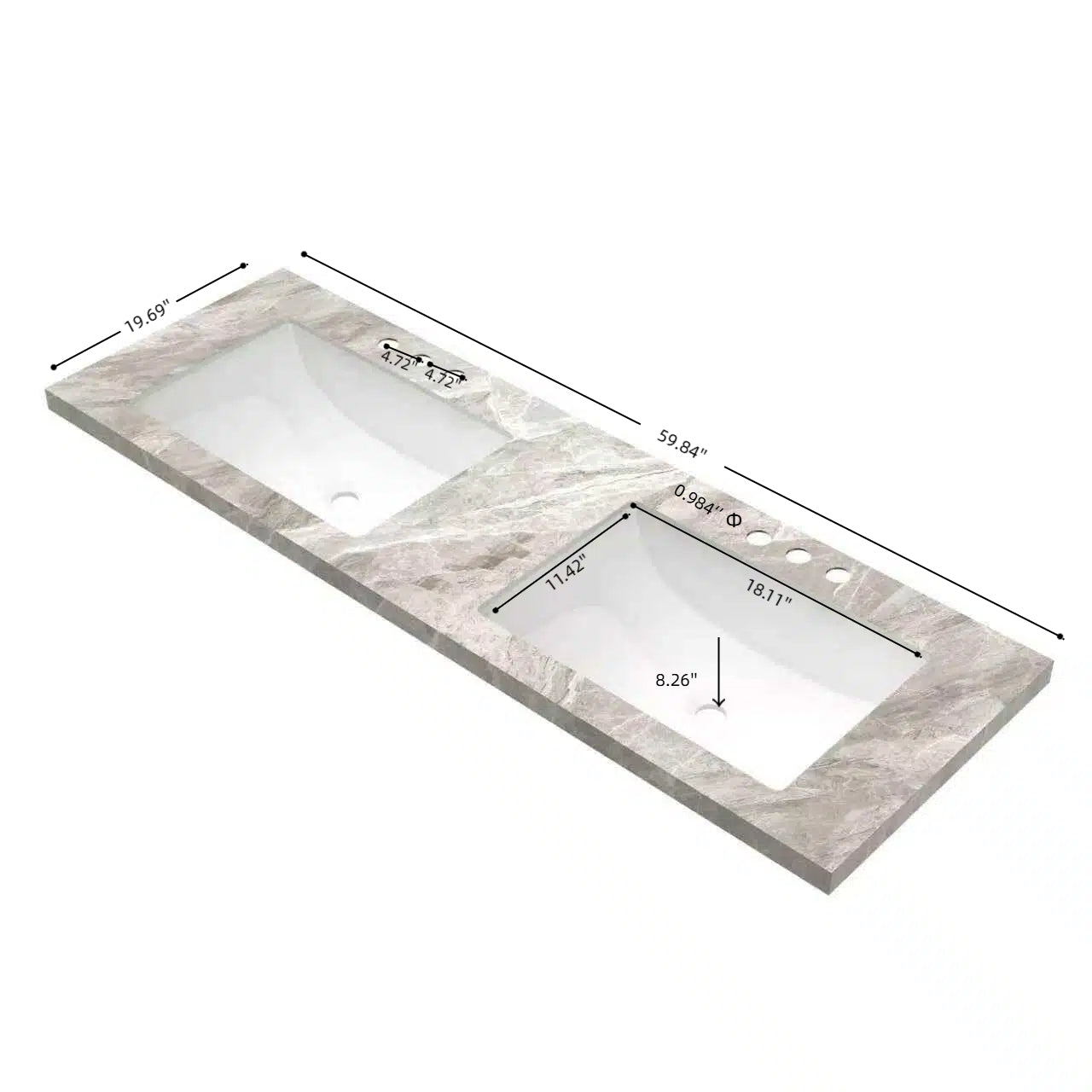 60'' Elio Bathroom Undermount Ceramic Sinks and Vanities