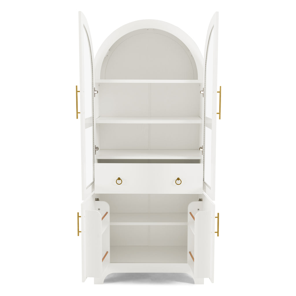 77-Inch Arched Kitchen Cabinet with Glass Doors and Hidden Drawer, White