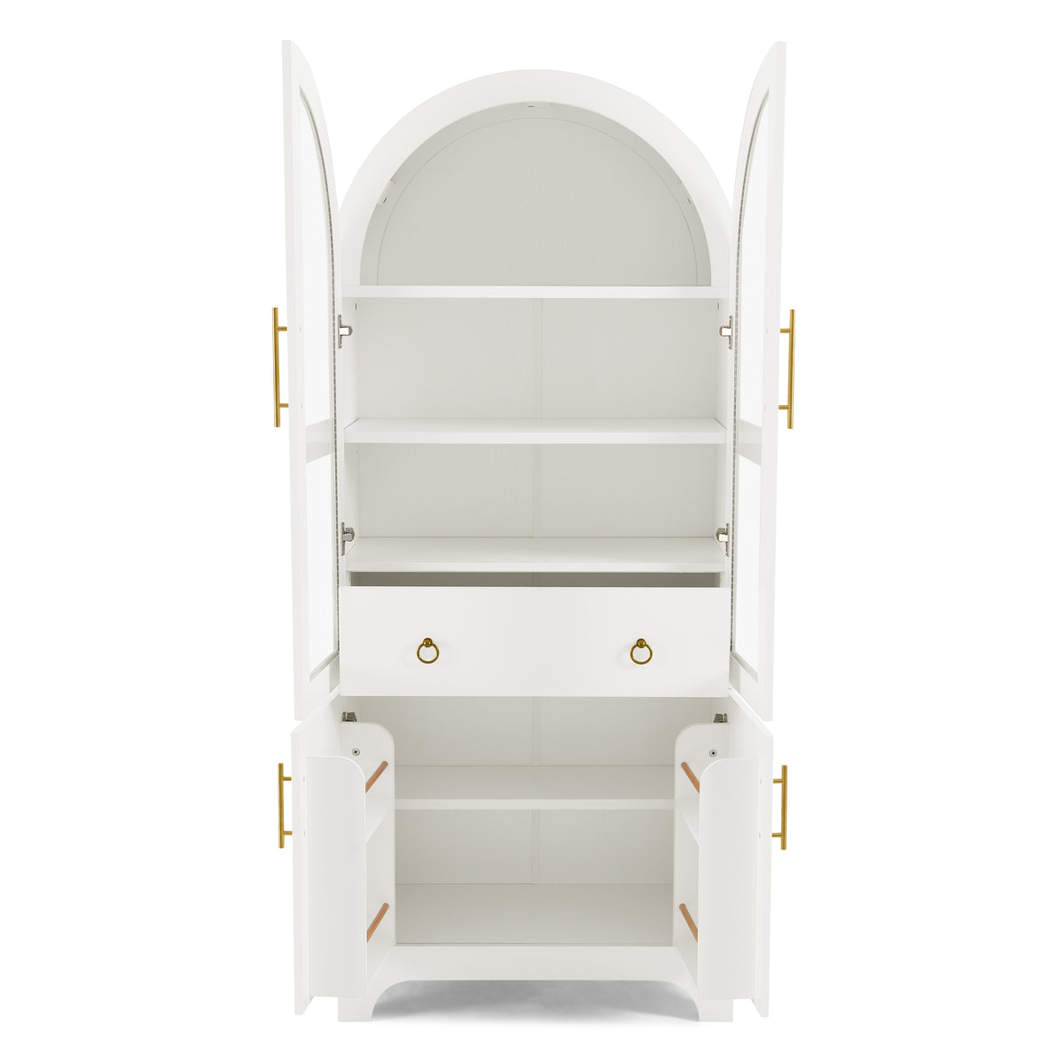 77-Inch Arched Kitchen Cabinet with Glass Doors and Hidden Drawer, White